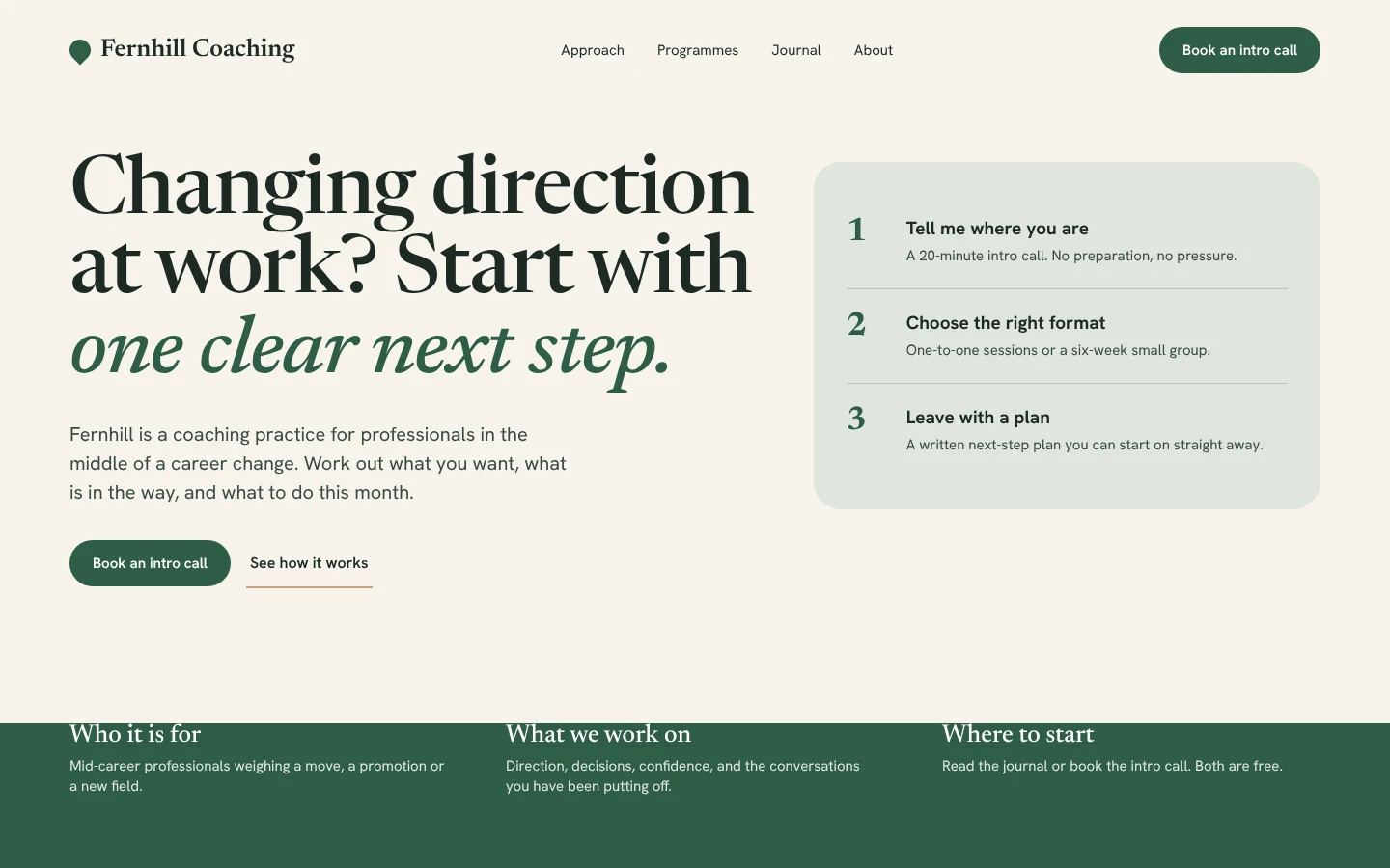 Concept home page for Fernhill Coaching, a fictional career coach, with a three-step path beside the headline