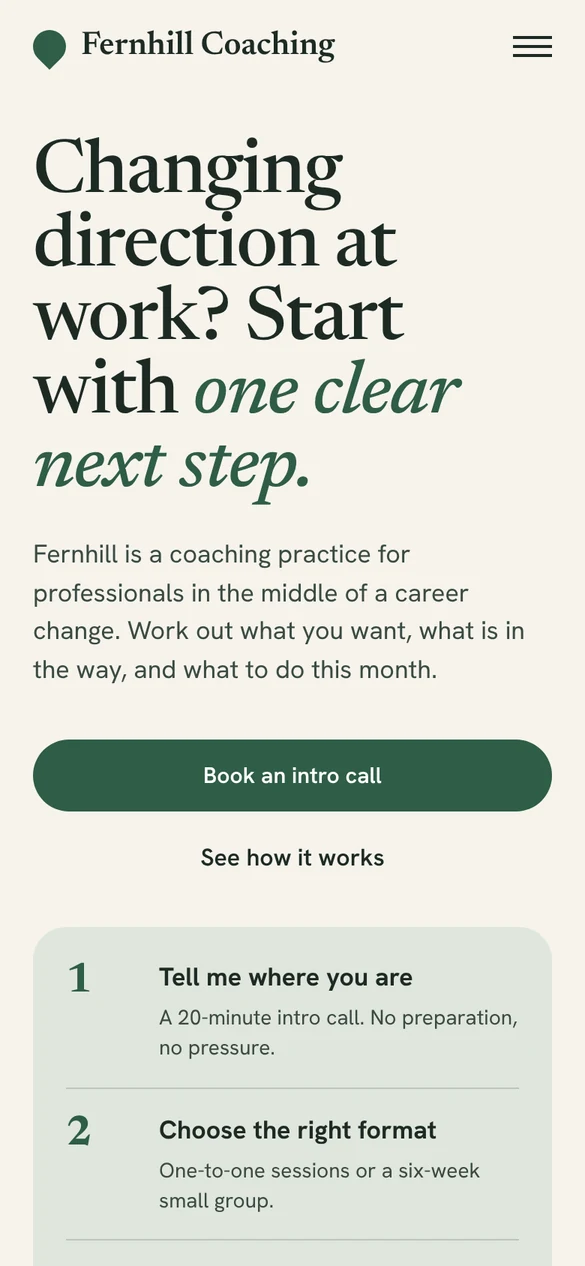 Concept mobile view of the Fernhill Coaching home page