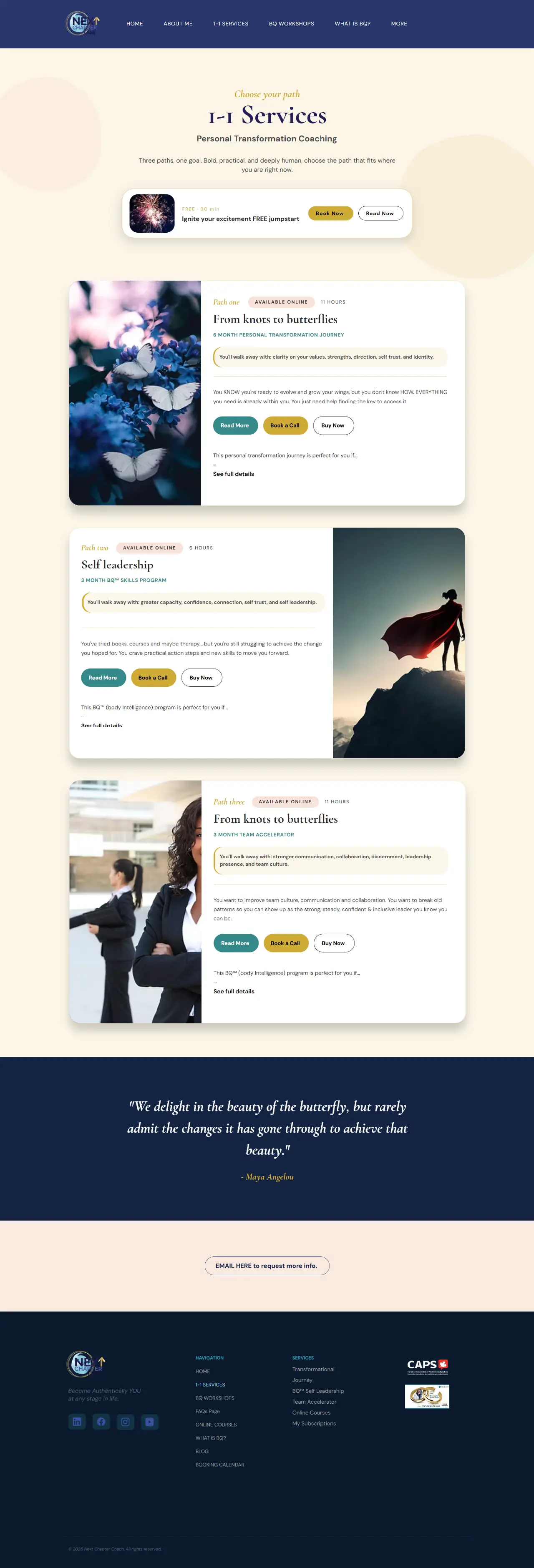 Full-length redesigned 1-1 Services page for Next Chapter Coach