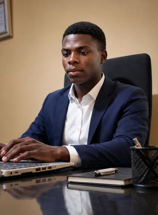 Ojo Israel Ayomide, website strategist and designer, working at his desk on a laptop