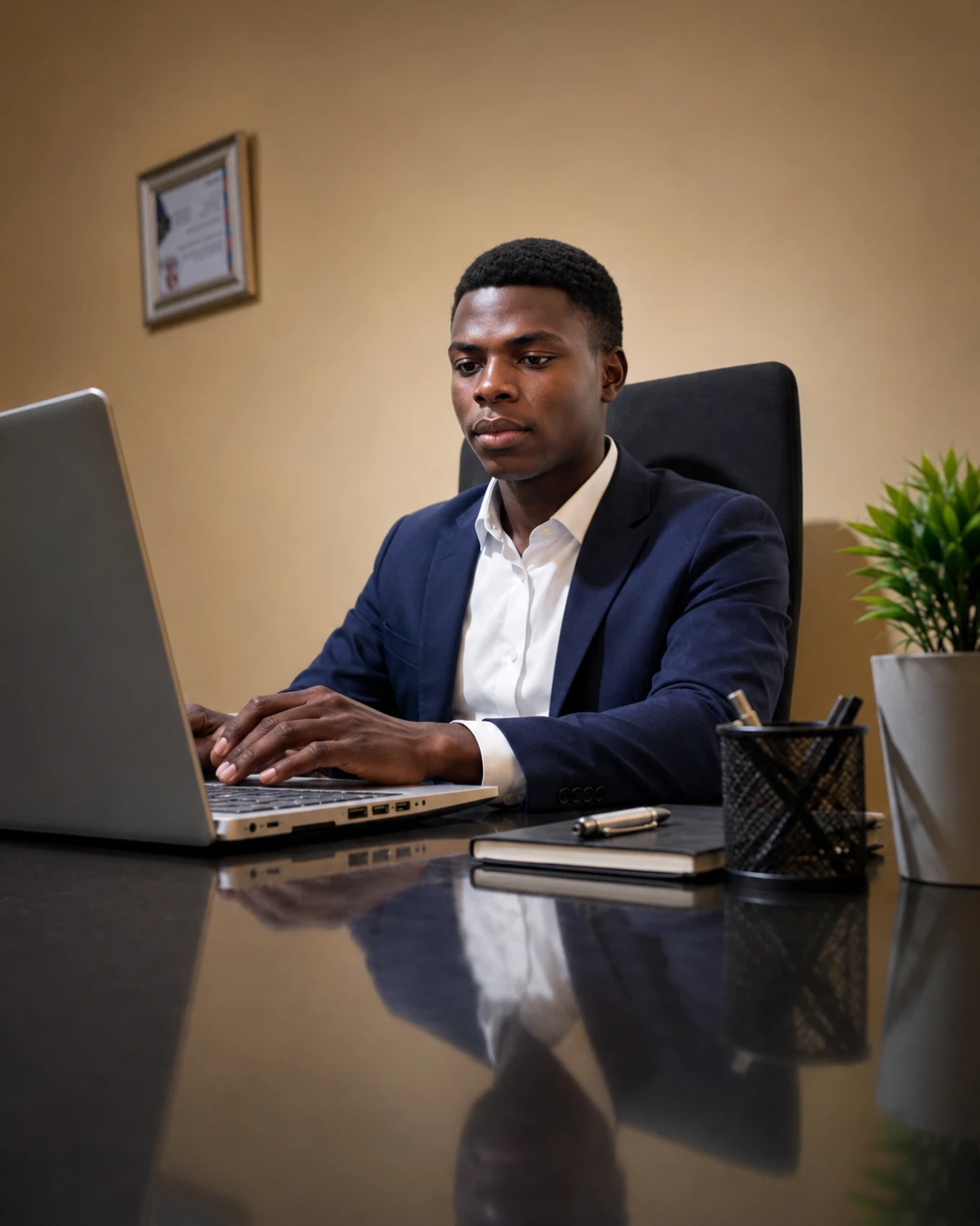 Ojo Israel Ayomide at his desk, working on a client website